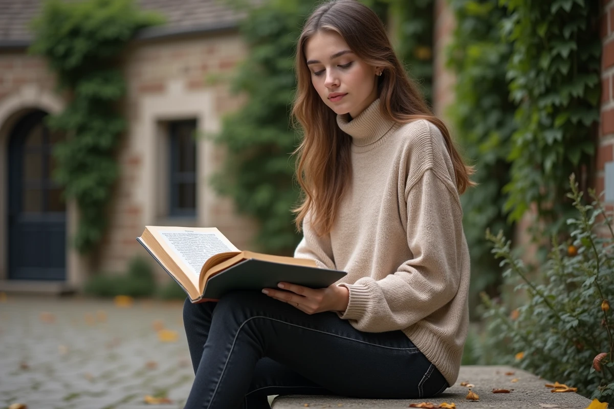 Jeune femme lisant un recueil de poésie française avec une strophe de six vers dans une cour de jardin en pierre à l'automne
