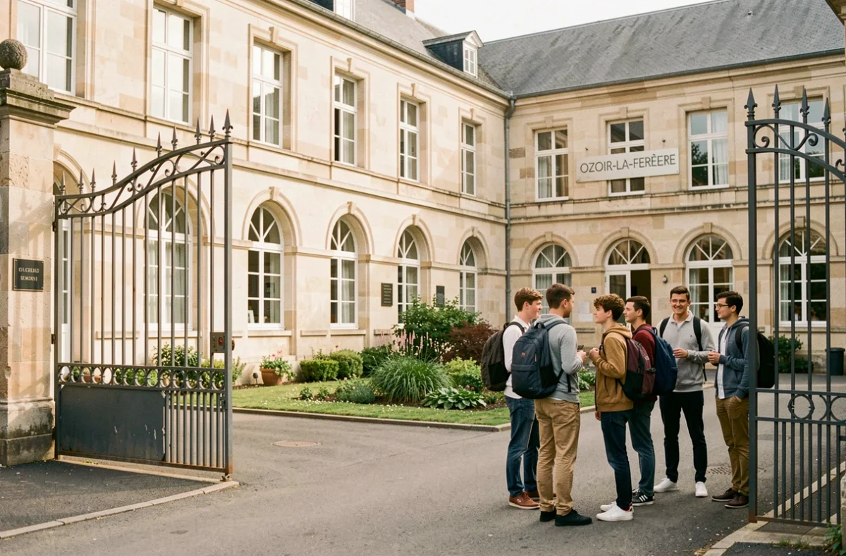 Entrée du Lycée Campus Sainte-Thérèse à Ozoir-la-Ferrière avec des élèves devant le portail