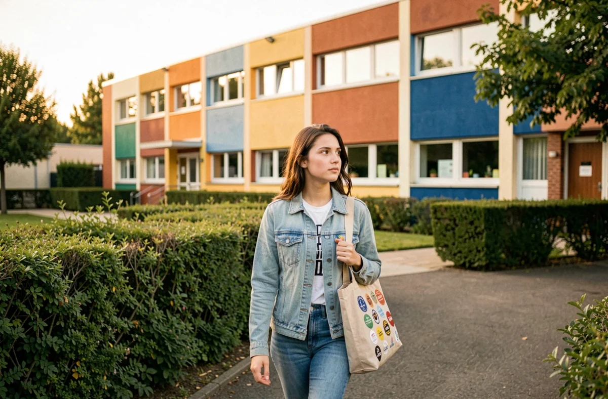 Une lycéenne marchant sur le campus du Lycée Émily Brontë à Lognes