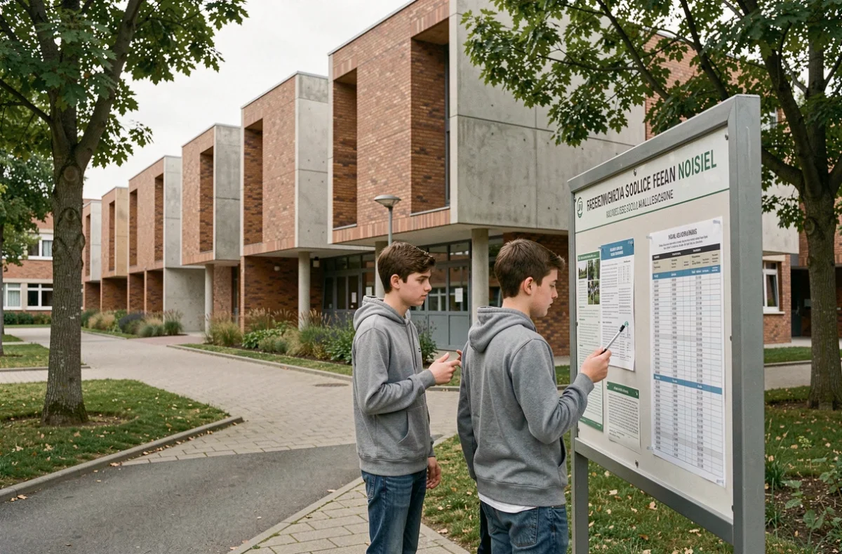 Deux lycéens consultant un panneau d'information devant le Lycée Gérard de Nerval à Noisiel