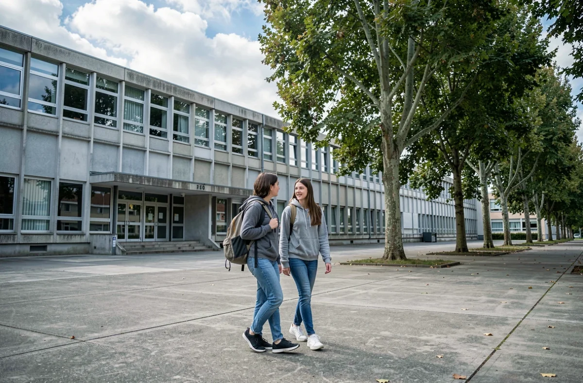 Façade du Lycée Guy Gasnier Sainte Bathilde à Chelles avec deux lycéennes marchant vers l'entrée