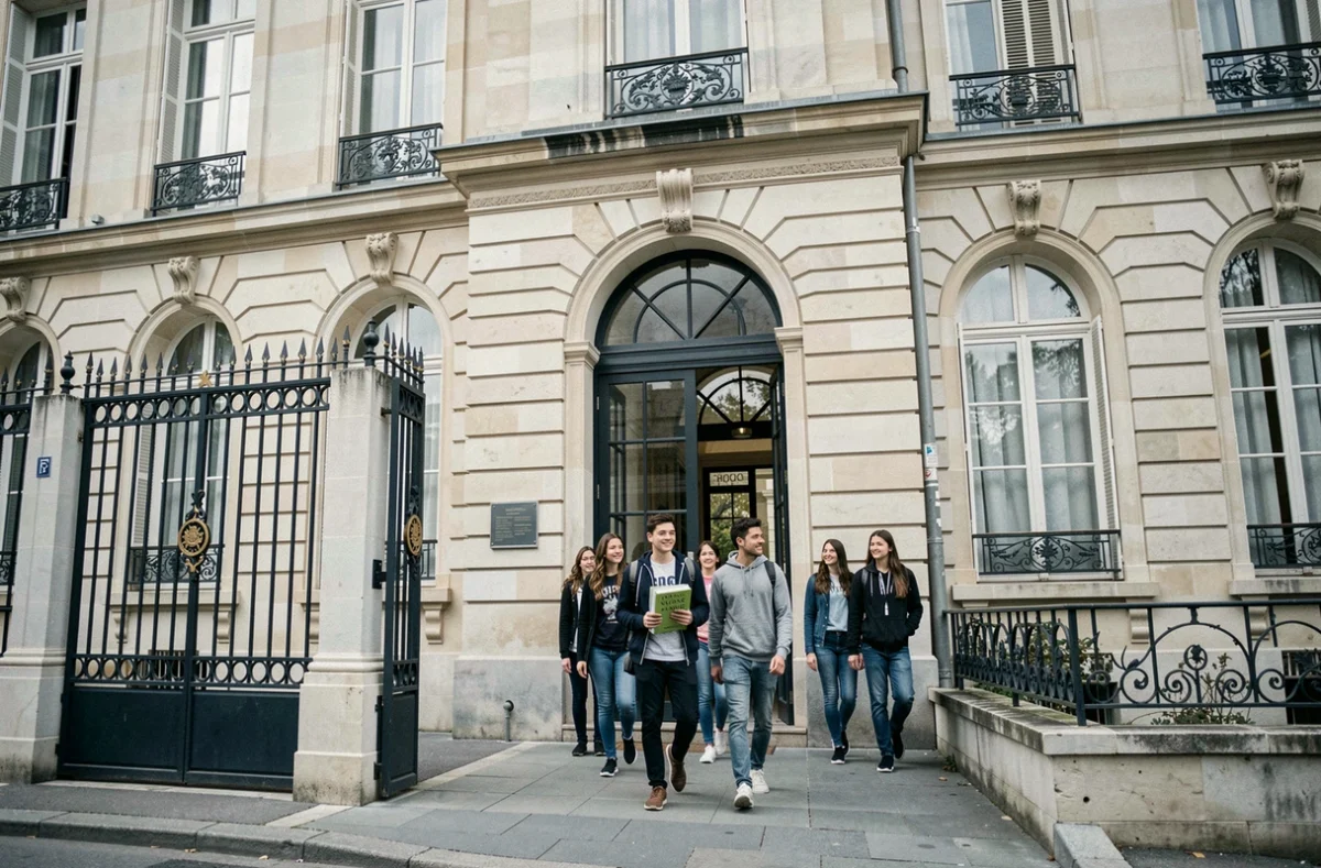 Entrée classique du Lycée international François 1er à Fontainebleau avec des élèves internationaux