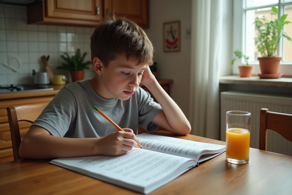Lycéen qui travaille sur une fiche de grammaire espagnole à la maison