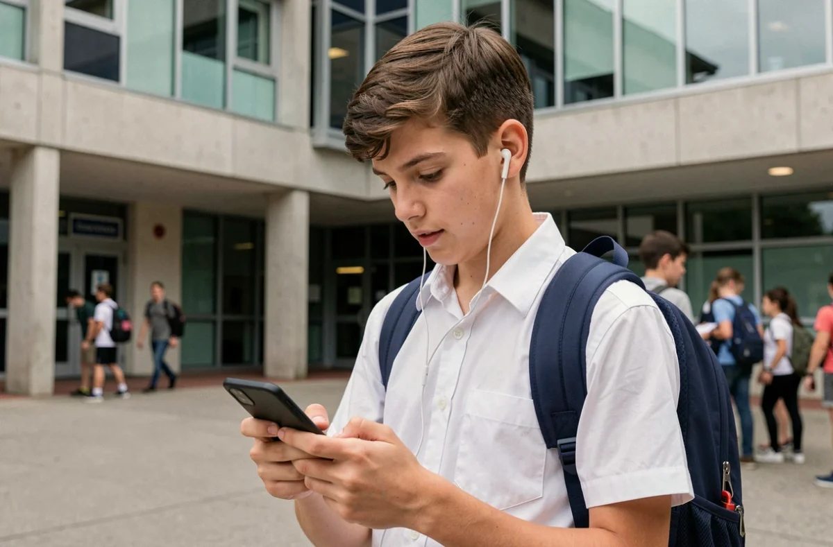 Lycéen installant l'application ENT Auvergne sur son téléphone Android devant son établissement scolaire