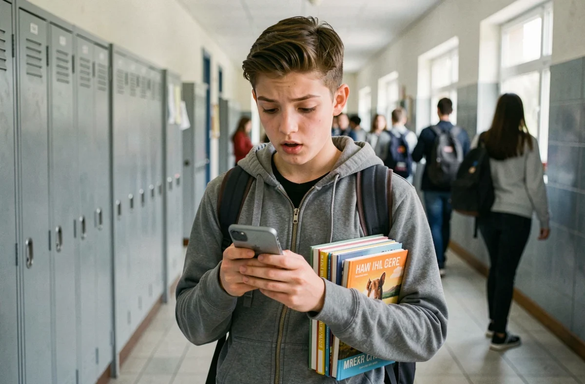 Un lycéen consulte un message du carnet de liaison numérique OZE 92 sur son smartphone dans le couloir de son établissement