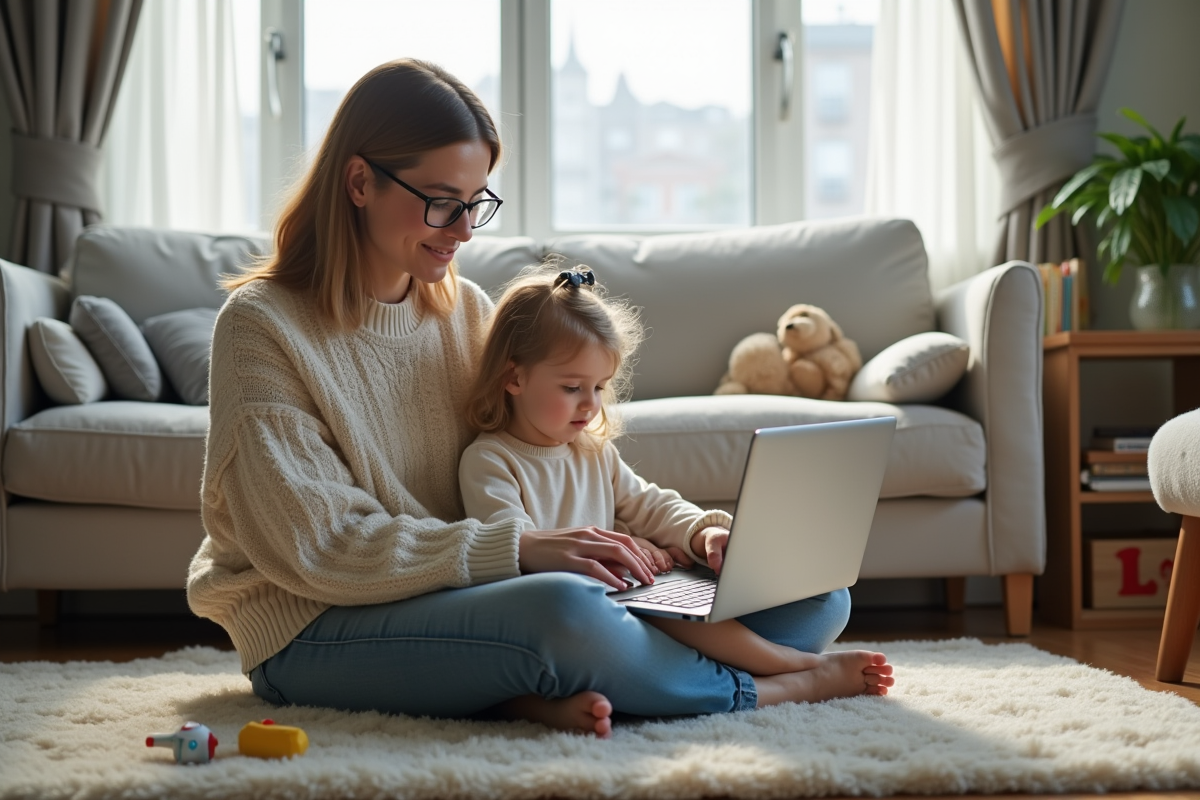 Maman guidant sa fille avec un ordinateur dans un salon chaleureux