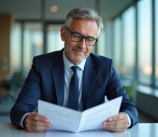 Manager financier en costume dans un bureau moderne
