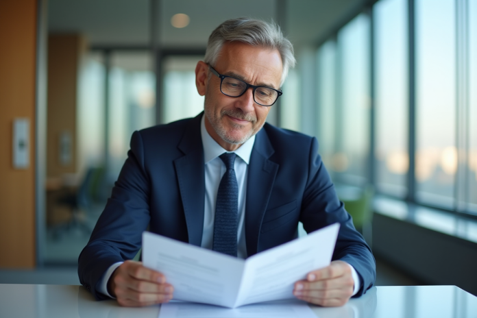 manager-financier-bureau Manager financier en costume dans un bureau moderne