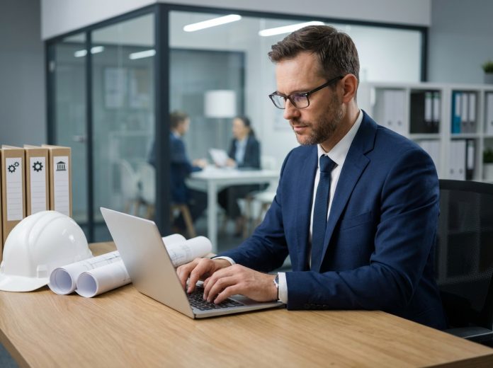 Manager paie homme en costume dans un bureau moderne