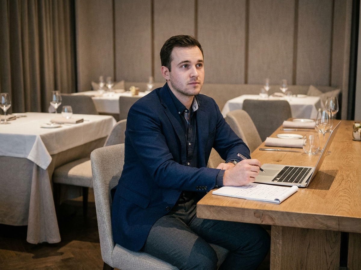Jeune manager en restauration travaillant sur sa stratégie dans une salle de restaurant vide, évoquant la formation en management et MBA restauration