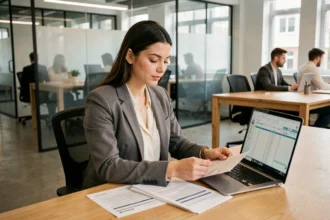 Jeune femme en alternance comparant des fiches de salaire dans un bureau moderne