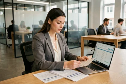 Jeune femme en alternance comparant des fiches de salaire dans un bureau moderne