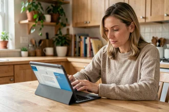 Une mère consulte le carnet de liaison numérique ENC OZE 92 sur sa tablette depuis la cuisine familiale