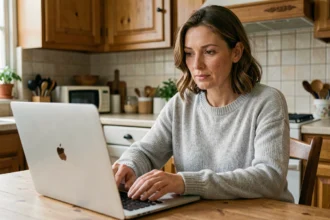 Mère d'élève consultant les notes de son enfant sur le portail Toutatice ac-rennes sur un ordinateur portable à la maison