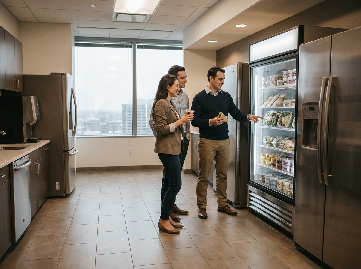 Collègues choisissant leur repas dans un micro-marché réfrigéré installé dans une salle de pause d'entreprise