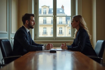 Professionnels en négociation dans une salle parisienne
