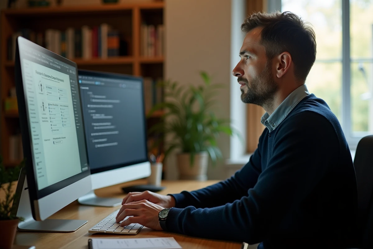 Homme consultant les paramètres de sécurité de son compte sur un double écran depuis son bureau à domicile