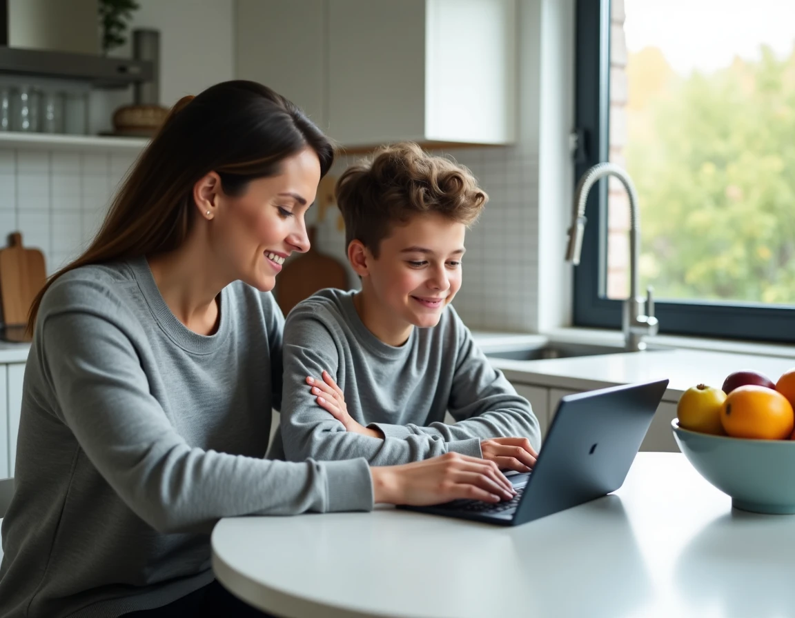Parent aidant son adolescent à se connecter au portail numérique du collège sur une tablette