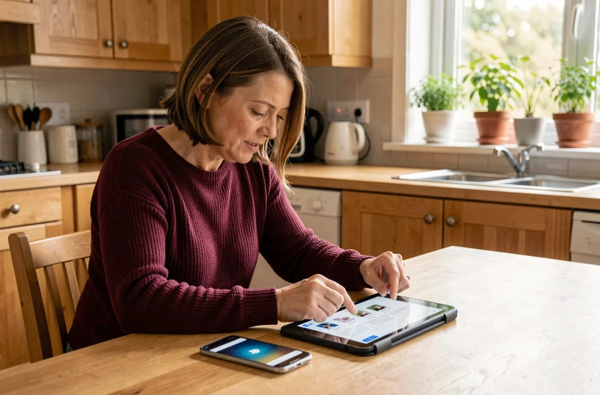 Mère aidant son enfant à utiliser l'ENT Auvergne sur tablette et smartphone depuis la maison