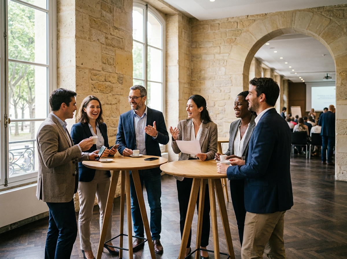 Professionnels en pause café lors d'un séminaire dans un hôtel particulier parisien