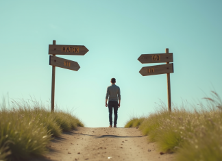 Personne à un carrefour avec panneaux indicateurs colorés