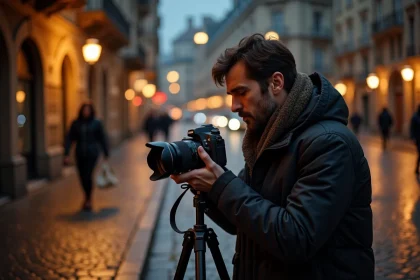 Homme ajustant son appareil photo en ville la nuit