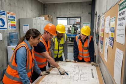Groupe de travailleurs industriels discutant d'un plan de formation SSE affiché dans une salle de pause d'usine