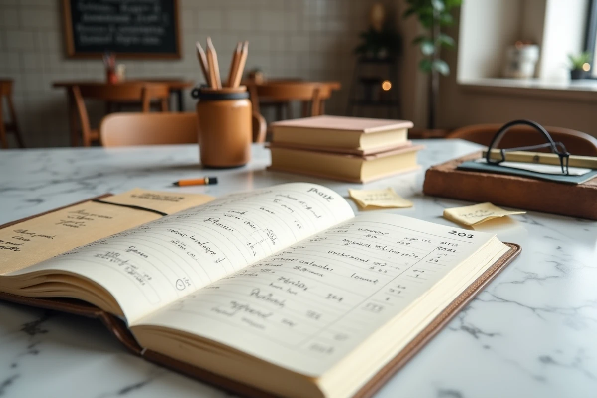 Planner d'écriture ouvert en vue de dessus sur marbre avec livres et crayons dans un café minimaliste