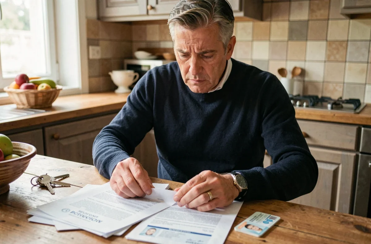 Homme organisant ses documents administratifs à la maison pour préparer son dossier d'inscription à Pôle emploi sans allocation chômage