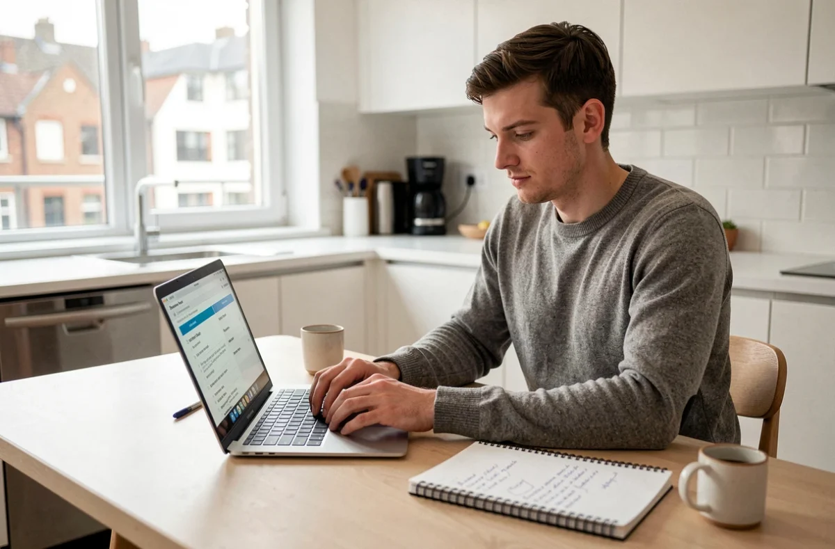 Homme préparant un test de recrutement Scolinfo sur ordinateur portable avec des notes manuscrites dans un appartement moderne