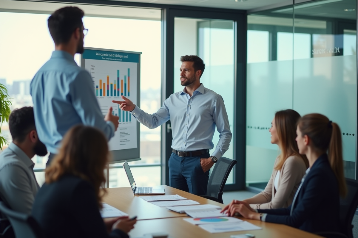Employé confiant présentant devant collègues en open space