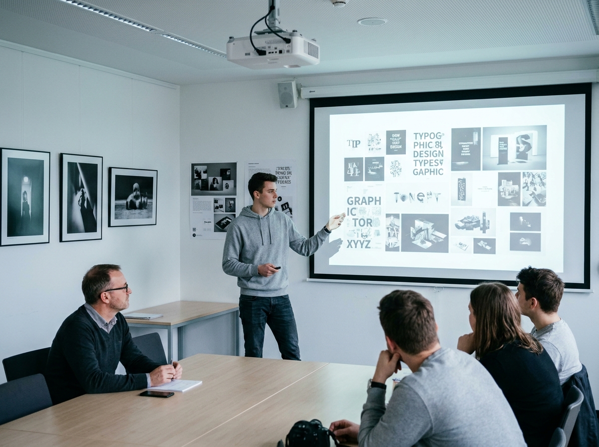 Étudiant présentant son projet professionnel en entertainment devant ses camarades et un formateur