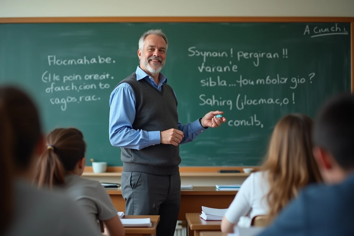 Professeur expliquant la conjugaison devant un tableau en classe
