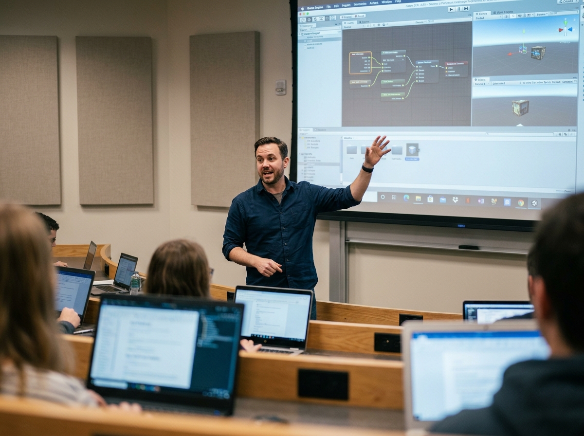 Professeur de game design enseignant devant une projection de moteur de jeu vidéo dans une salle de cours universitaire