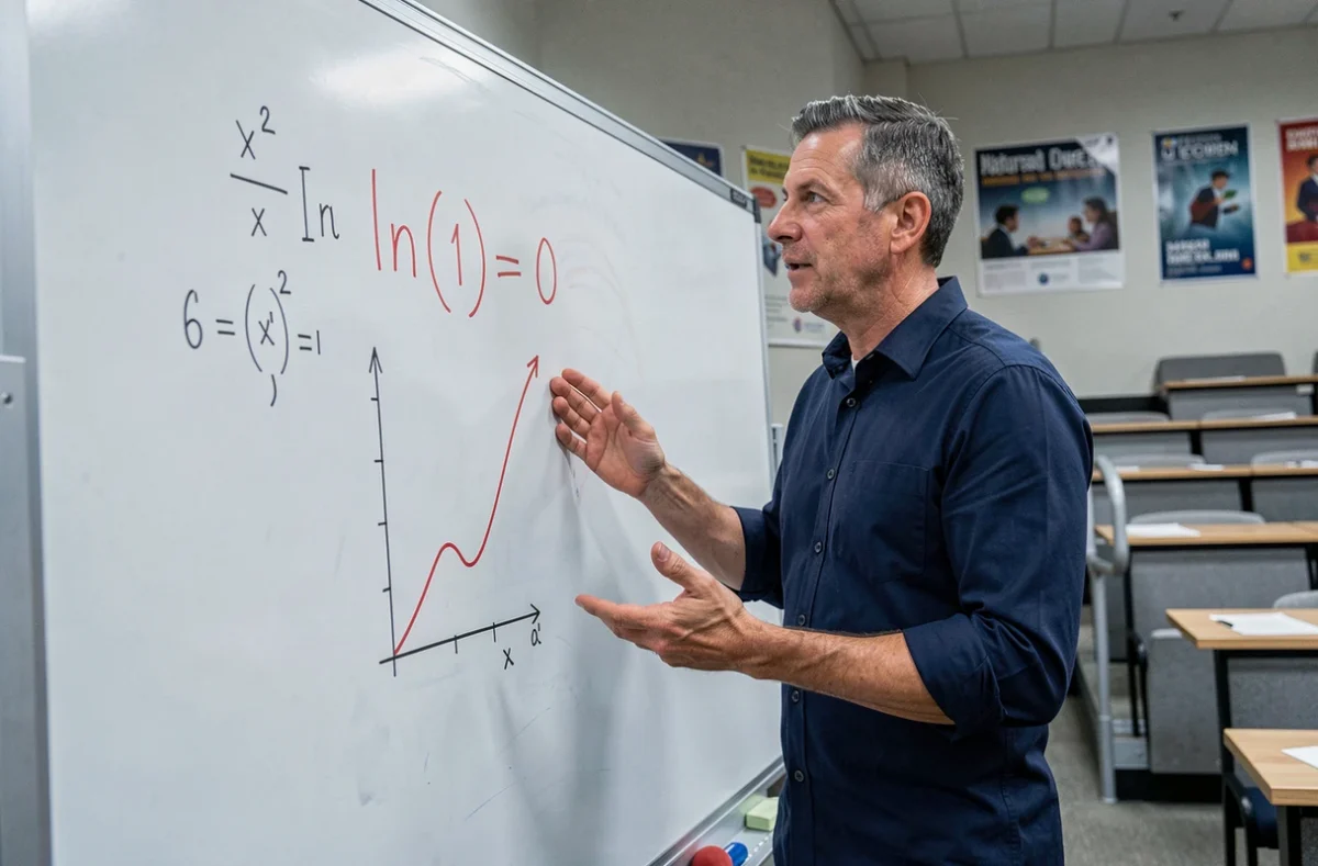 Professeur de mathématiques expliquant la fonction logarithme naturel et la propriété ln(1) égal zéro au tableau blanc
