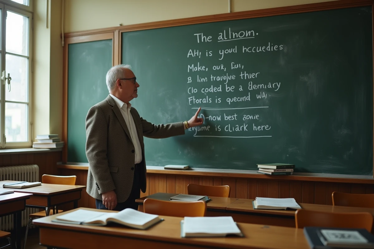 Professeur de littérature expliquant la structure d'une strophe de six vers au tableau dans une salle de cours universitaire