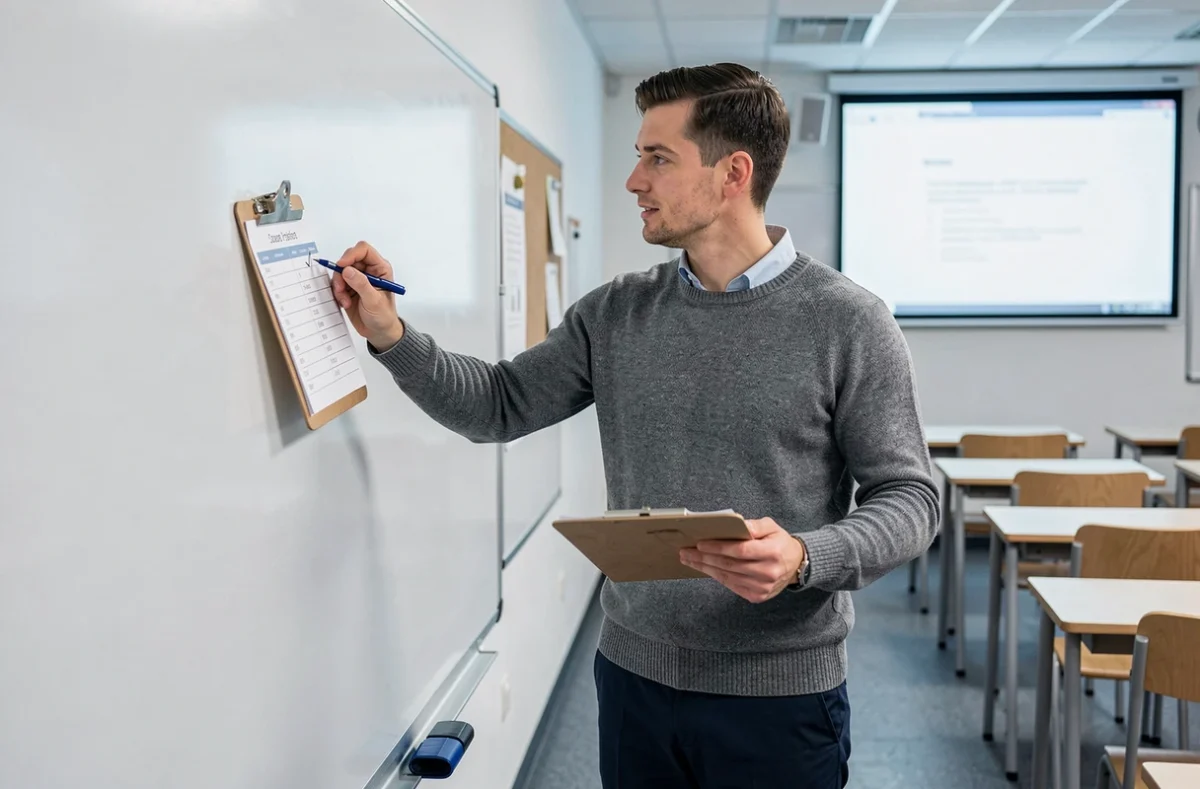 Professeur utilisant un tableau de suivi de classe unique pour gagner du temps en séance