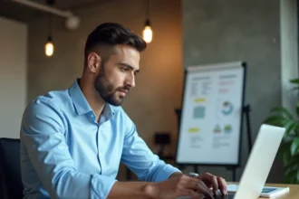 Professionnel du BTP consultant une formation certifiante CPF sur son ordinateur portable dans un bureau moderne