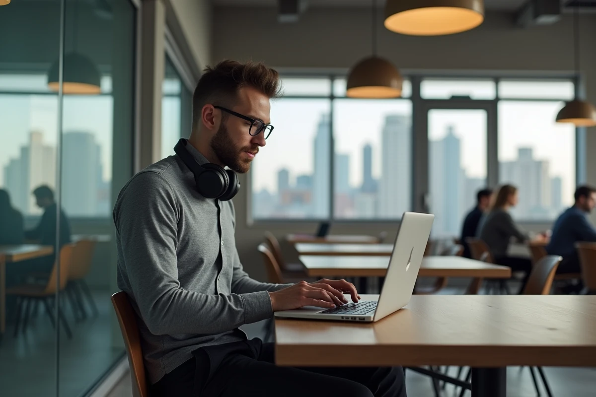 Jeune professionnel étudiant son master en informatique sur son ordinateur portable pendant une pause au bureau