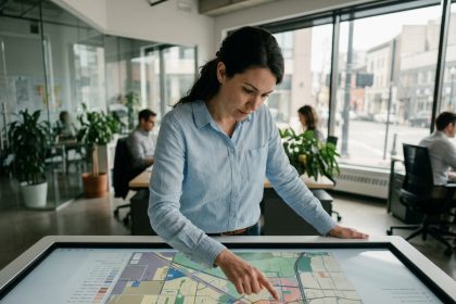 Professionnelle de la géomatique analysant des couches de données territoriales sur une table tactile interactive dans un bureau d'urbanisme moderne
