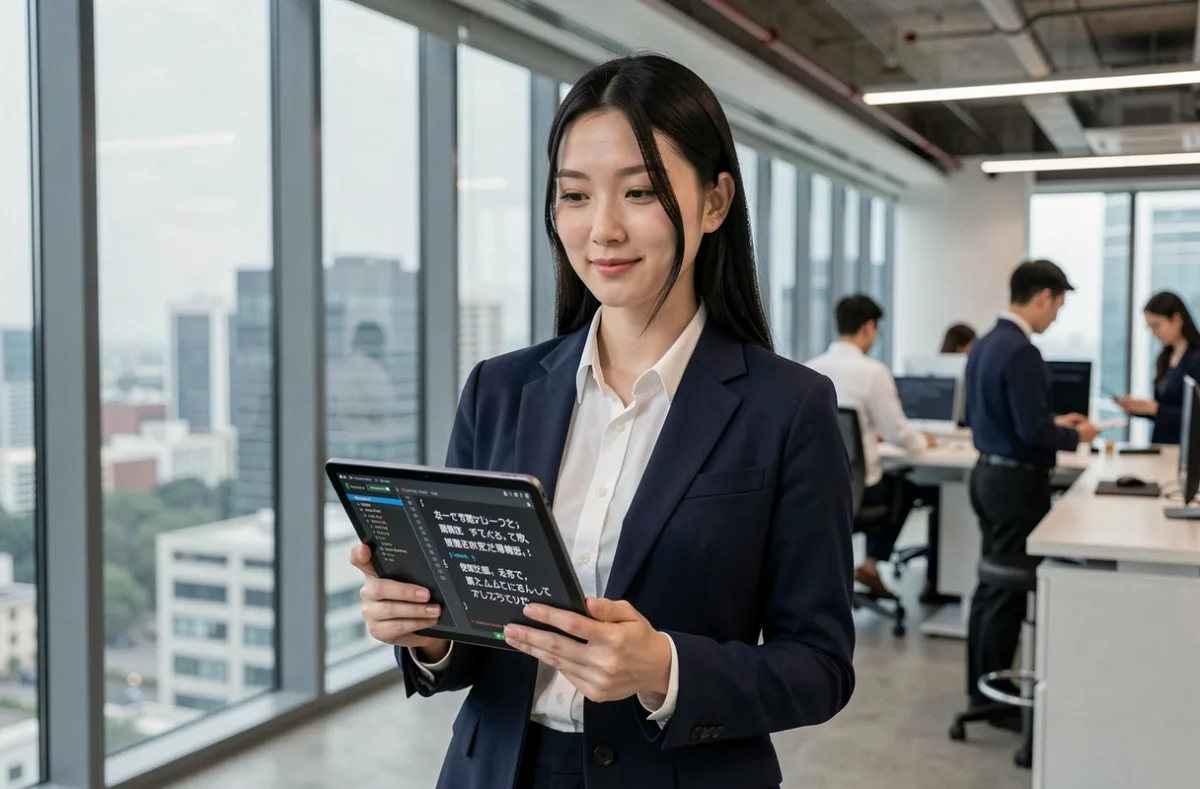 Professionnelle de la tech dans un bureau moderne tenant une tablette affichant des caractères japonais et du code