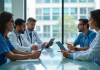 Groupe de professionnels médicaux en réunion dans un bureau lumineux