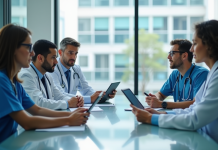 Groupe de professionnels médicaux en réunion dans un bureau lumineux