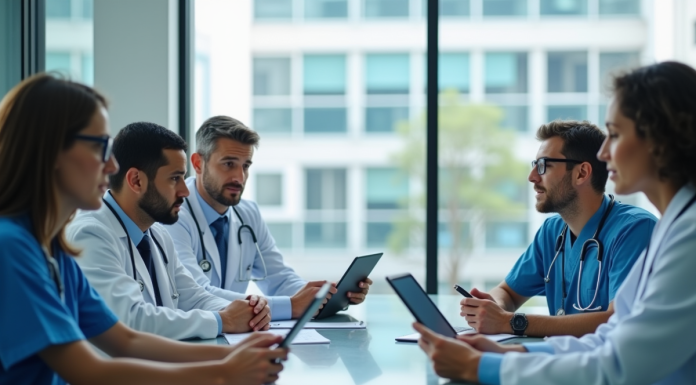 Groupe de professionnels médicaux en réunion dans un bureau lumineux