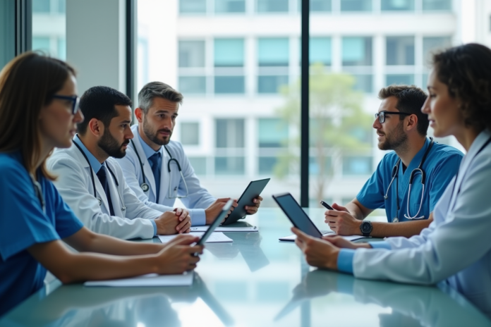 Groupe de professionnels médicaux en réunion dans un bureau lumineux