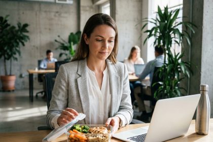 Femme cadre déballant un repas fait maison dans un contenant hermétique à son bureau en open space moderne