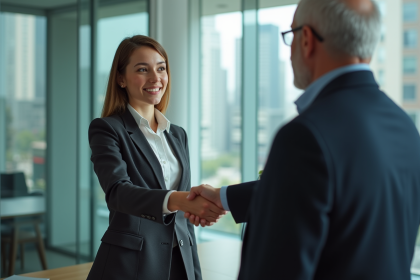 Jeune femme d'affaires serrant la main d'un professionnel dans un bureau moderne
