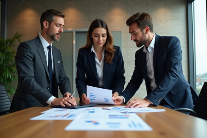 Quatre professionnels en réunion autour d'une table moderne