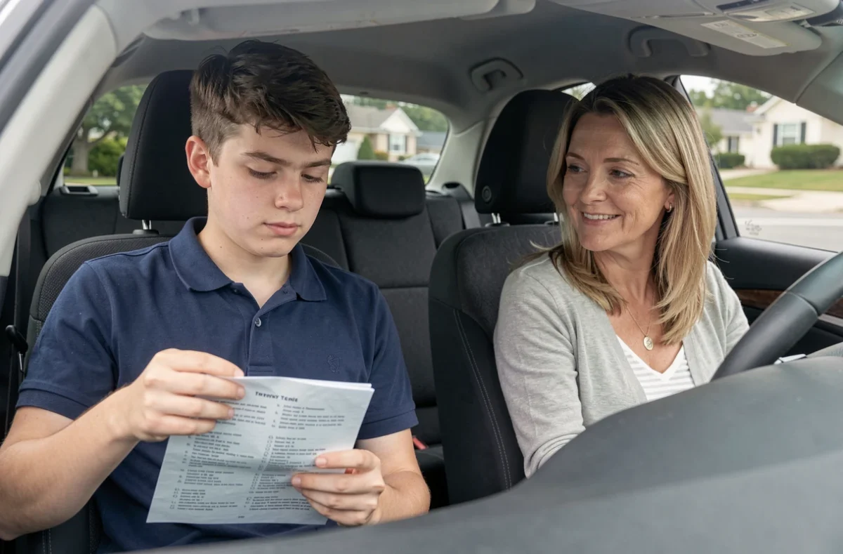Adolescent révisant les questions du permis de conduire en PDF dans une voiture avec son accompagnateur parental assis côté conducteur