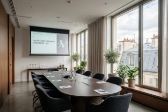 Salle de conférence moderne à Paris avec vue sur les toits haussmanniens pour un séminaire professionnel
